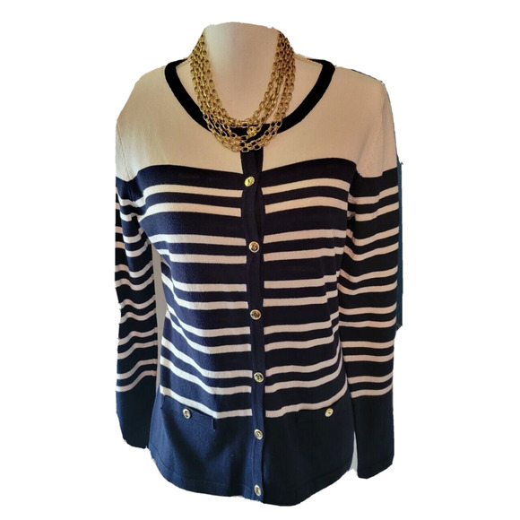 Karen Scott Womens Button Up Long Sleeve Striped Navy Blue White Sweater PM - Picture 1 of 7